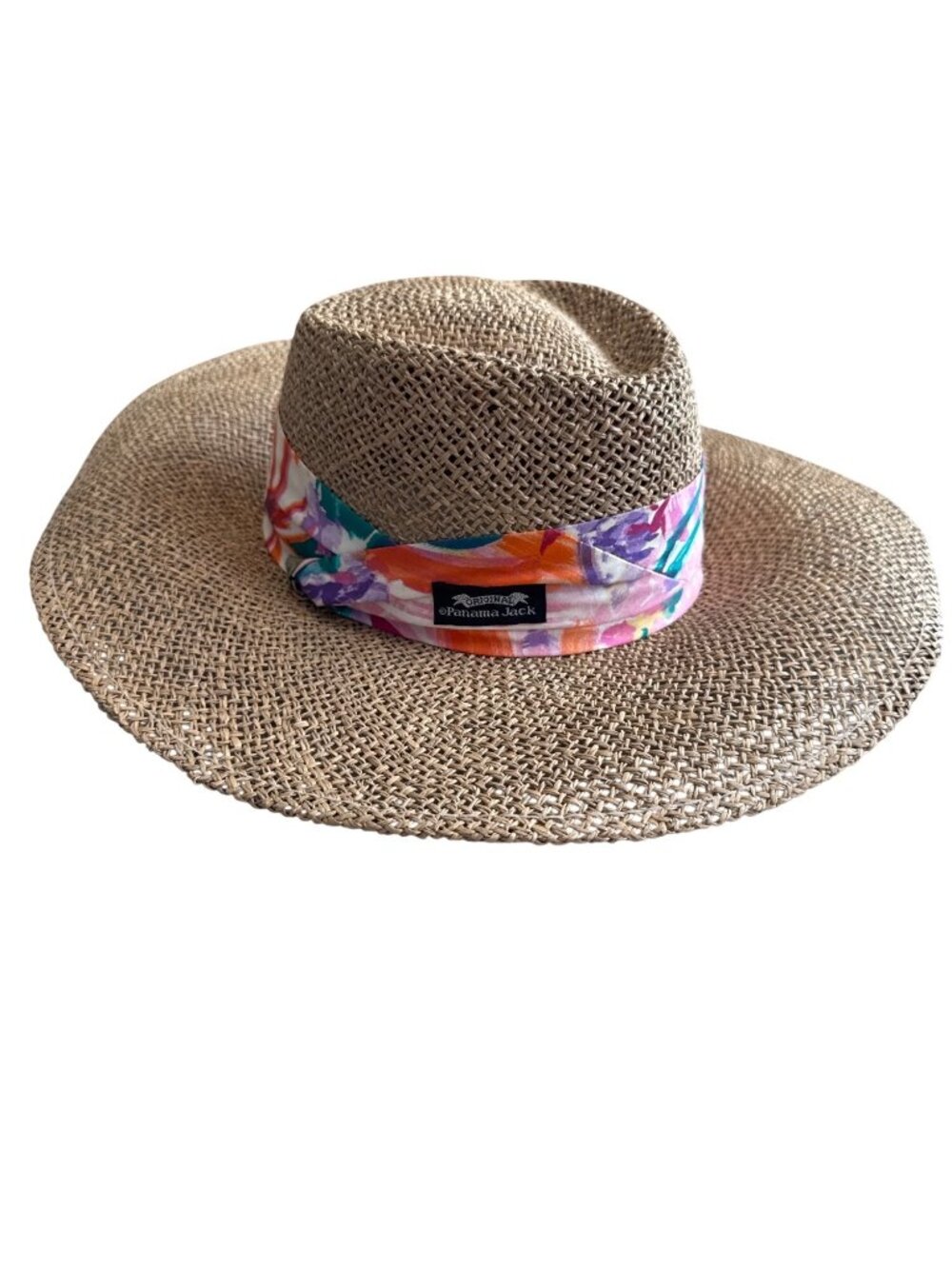 Panama Jack Straw Sun Hat With Colorful Fabric Band Wide Brim Lightweight
